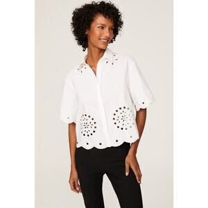 Jason Wu Button-Up Scalloped Eyelet Top Short Sleeves White Size 6 Petite